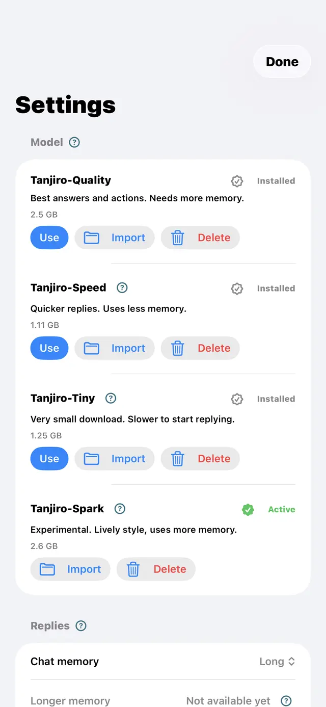 Tanjiro Settings listing the four models: Tanjiro-Quality, Tanjiro-Speed, Tanjiro-Tiny and Tanjiro-Spark.