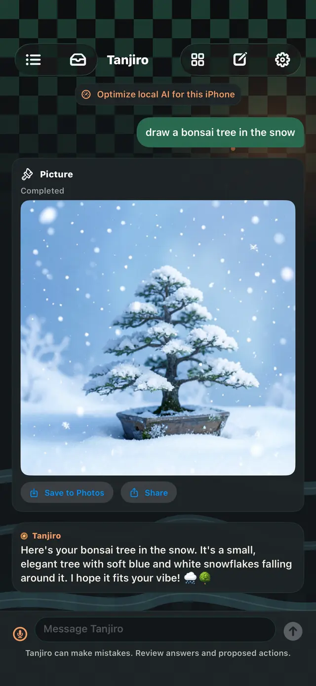 Tanjiro drew a picture of a bonsai tree in the snow, right on the iPhone.